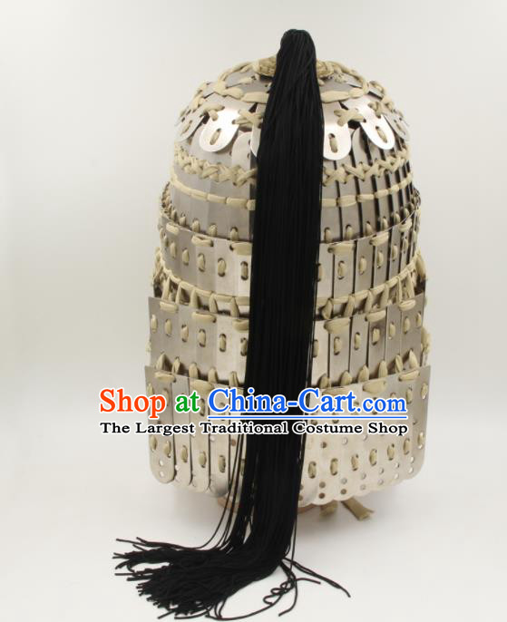 Chinese Traditional Yuan Dynasty General Helmet Ancient Soldier Argent Hat Headwear for Men