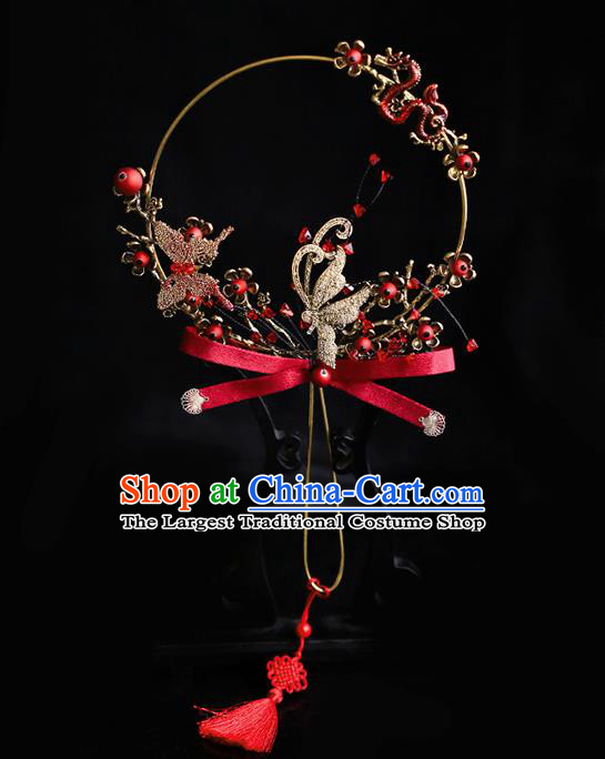 Chinese Traditional Red Ribbon Bowknot Palace Fans Handmade Classical Hanfu Wedding Fan for Women