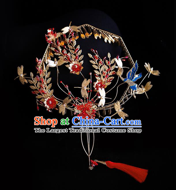 Chinese Traditional Bride Golden Dragonfly Palace Fans Handmade Classical Hanfu Wedding Fan for Women
