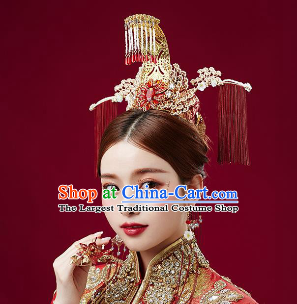 Chinese Wedding Red Crystal Pine Phoenix Coronet Headdress Traditional Ancient Bride Hair Accessories for Women