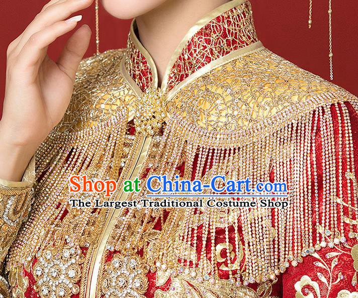 Chinese Ancient Wedding Bride Tassel Golden Shoulder Accessories Traditional Xiuhe Suit Cappa for Women