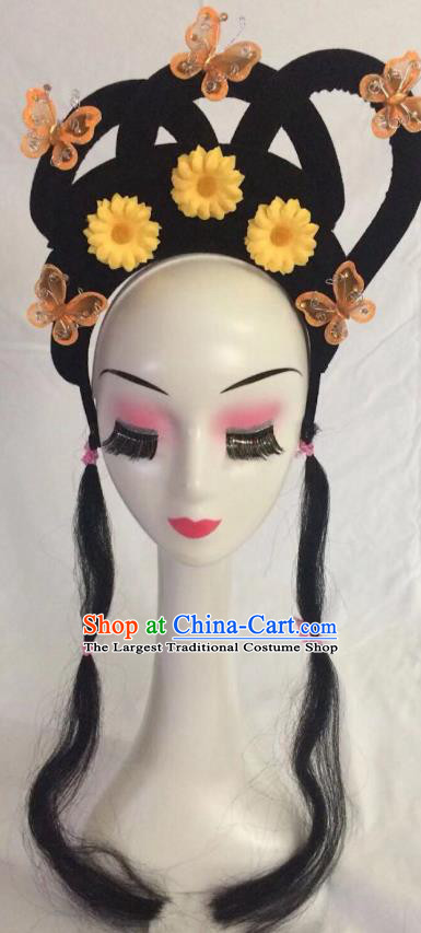 Traditional Chinese Opera Wig Sheath and Yellow Flower Hairpins Headdress Peking Opera Diva Hair Accessories for Women
