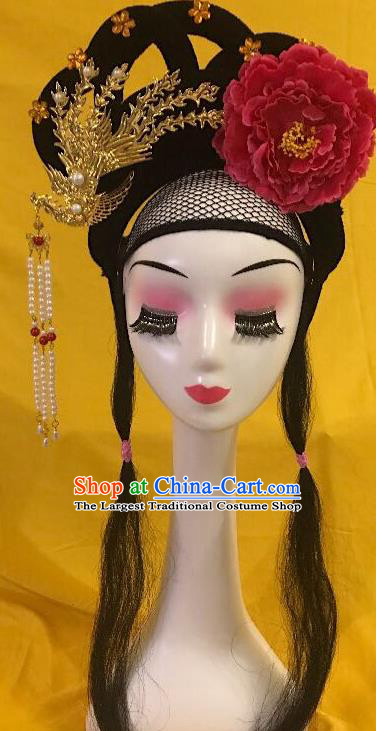 Traditional Chinese Opera Goddess Wig Sheath and Red Peony Hairpins Headdress Peking Opera Diva Hair Accessories for Women