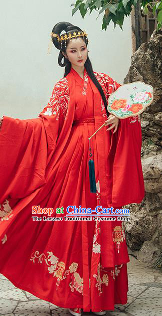 Chinese Ancient Embroidered Wedding Dresses Traditional Tang Dynasty Princess Red Historical Costume Complete Set for Women