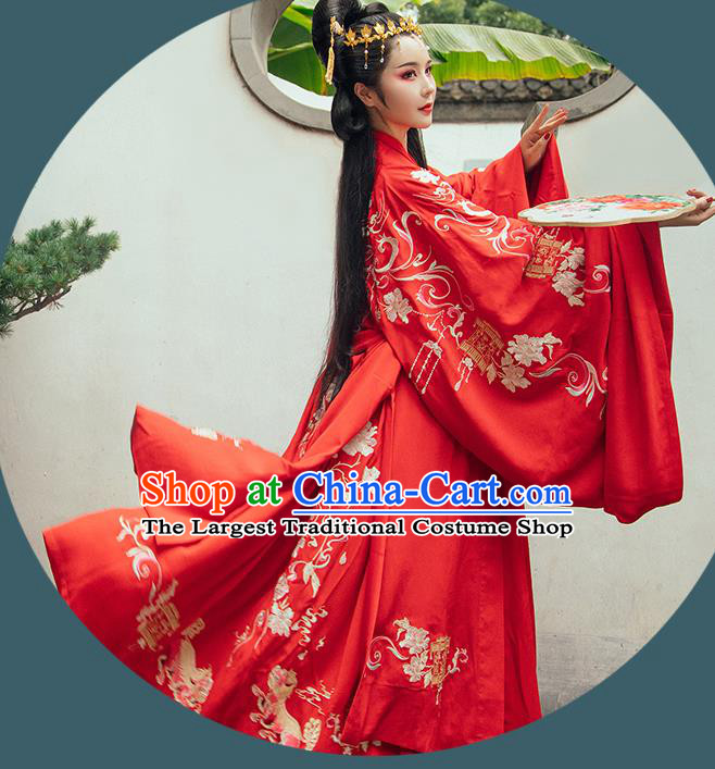 Chinese Ancient Embroidered Wedding Dresses Traditional Tang Dynasty Princess Red Historical Costume Complete Set for Women