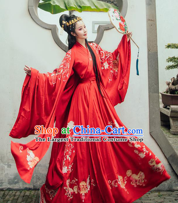 Chinese Ancient Embroidered Wedding Dresses Traditional Tang Dynasty Princess Red Historical Costume Complete Set for Women