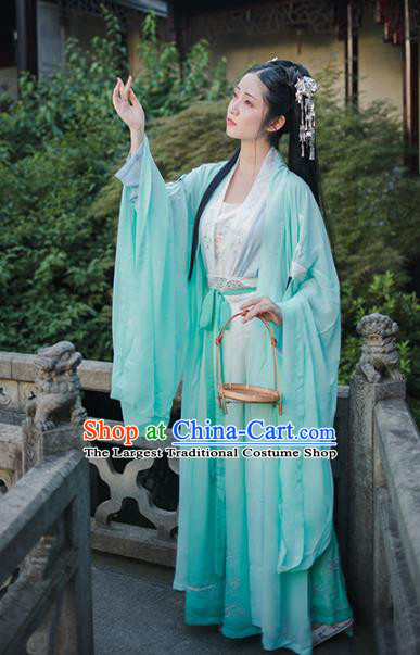 Chinese Ancient Goddess Green Embroidered Dress Traditional Tang Dynasty Patrician Lady Historical Costumes for Women