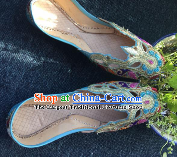 Asian India Traditional Embroidered Blue Leather Shoes Indian Handmade Shoes for Women