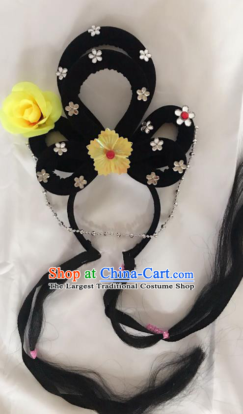 Traditional Chinese Opera Lady Wig Sheath and Yellow Rose Hairpins Headdress Peking Opera Diva Hair Accessories for Women