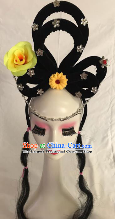 Traditional Chinese Opera Goddess Wig Sheath and Yellow Rose Hairpins Headdress Peking Opera Diva Hair Accessories for Women
