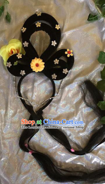 Traditional Chinese Opera Goddess Wig Sheath and Yellow Rose Hairpins Headdress Peking Opera Diva Hair Accessories for Women