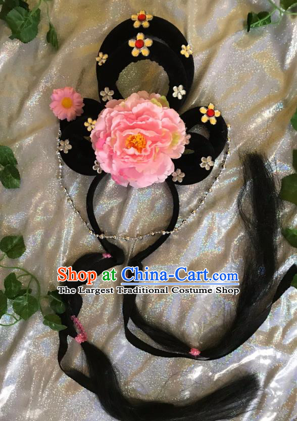 Traditional Chinese Opera Goddess Wig and Pink Peony Hairpins Headdress Peking Opera Diva Hair Accessories for Women