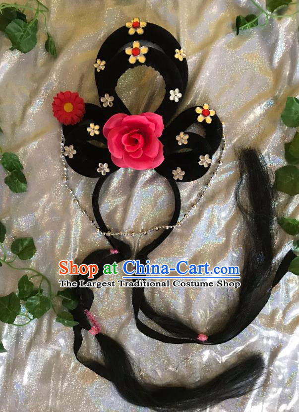 Traditional Chinese Opera Goddess Wig and Red Rose Hairpins Headdress Peking Opera Diva Hair Accessories for Women