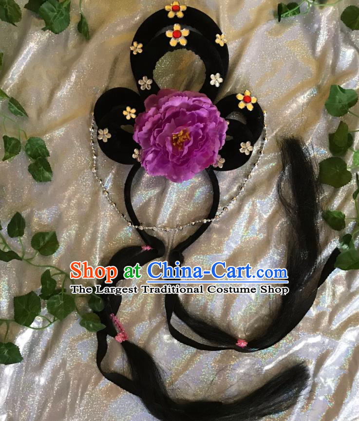 Traditional Chinese Opera Goddess Wig and Purple Peony Hairpins Headdress Peking Opera Diva Hair Accessories for Women