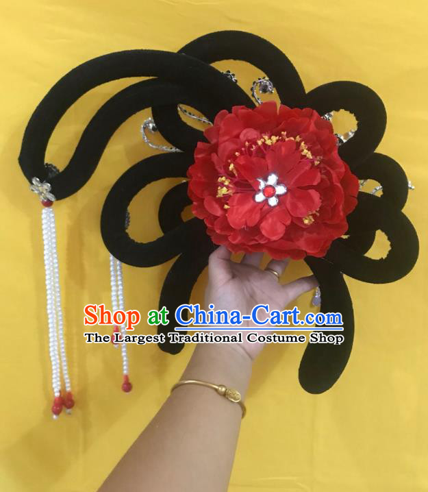 Traditional Chinese Opera Wig Chignon Red Peony Hairpins Headdress Peking Opera Diva Hair Accessories for Women