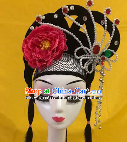 Traditional Chinese Opera Wig Chignon and Red Peony Hairpins Headdress Peking Opera Diva Hair Accessories for Women