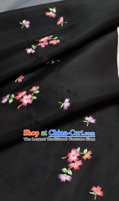 Chinese Traditional Classical Embroidered Flowers Pattern Design Black Silk Fabric Asian Hanfu Material