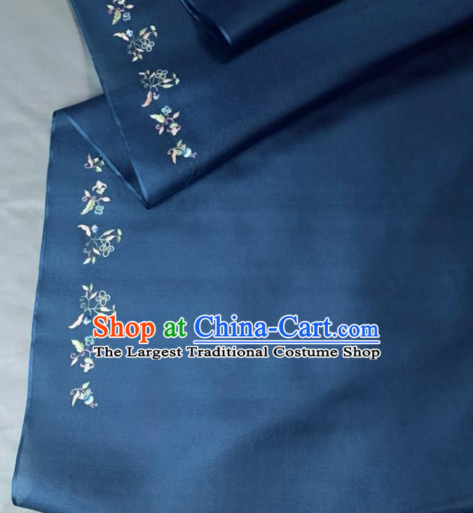 Chinese Classical Embroidered Flowers Pattern Design Deep Blue Silk Fabric Asian Traditional Hanfu Material