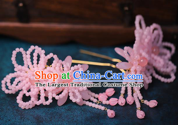 Traditional Chinese Handmade Pink Beads Tassel Hairpins Headdress Ancient Hanfu Hair Accessories for Women