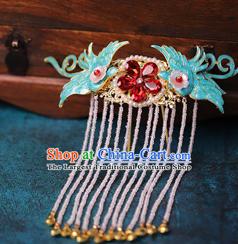 Traditional Chinese Handmade Red Crystal Crane Tassel Hairpin Headdress Ancient Hanfu Hair Accessories for Women