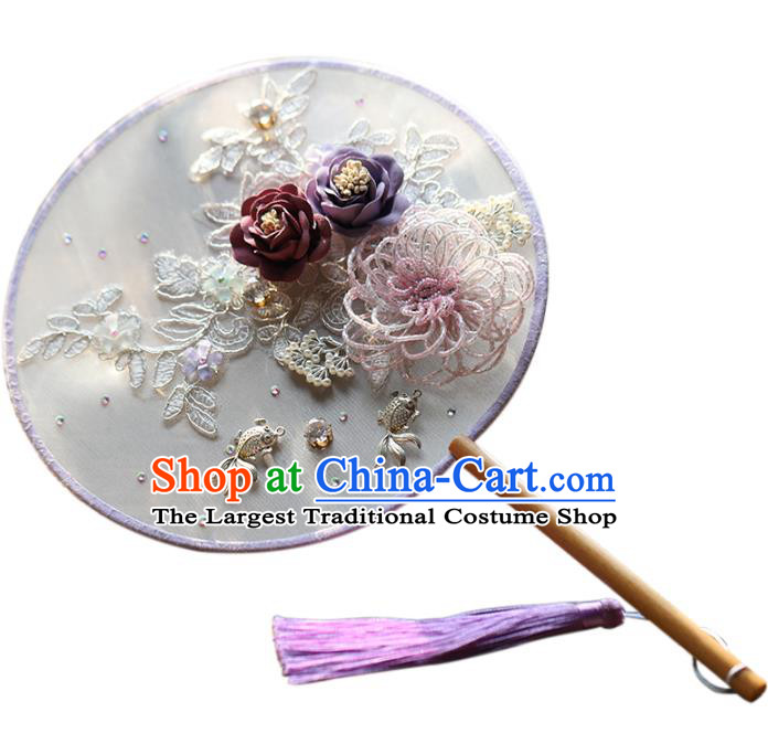 Traditional Chinese Handmade Round Fans Ancient Hanfu Beads Flowers Palace Fan for Women