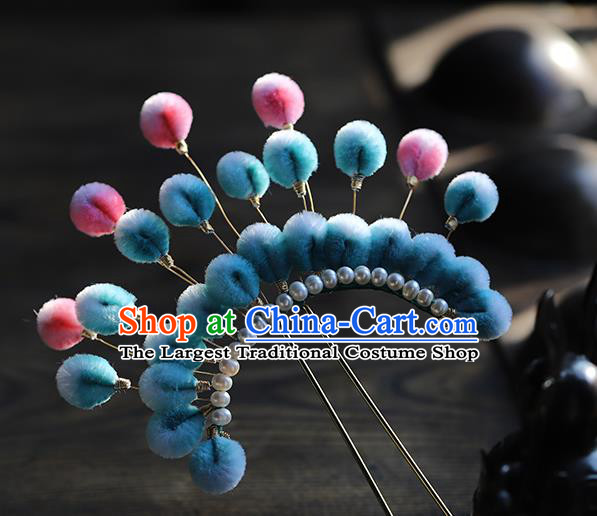 Traditional Chinese Handmade Blue Velvet Hairpins Headdress Ancient Hanfu Hair Accessories for Women