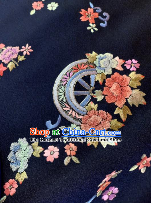 Chinese Classical Embroidered Fan Flowers Pattern Design Navy Silk Fabric Asian Traditional Hanfu Material