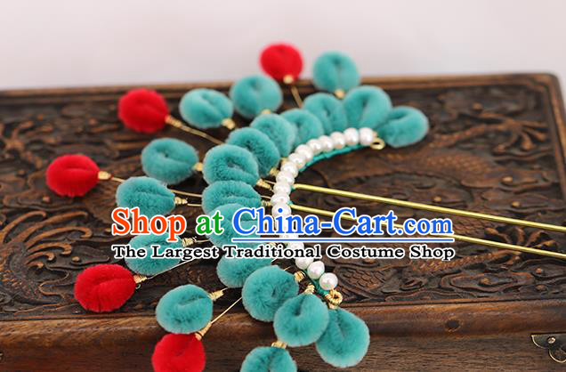 Traditional Chinese Handmade Green Velvet Hairpins Headdress Ancient Hanfu Hair Accessories for Women