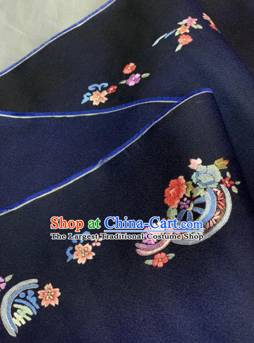 Chinese Classical Embroidered Fan Flowers Pattern Design Navy Silk Fabric Asian Traditional Hanfu Material
