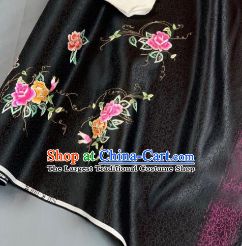 Chinese Classical Embroidered Peony Pattern Design Black Silk Fabric Asian Traditional Hanfu Material