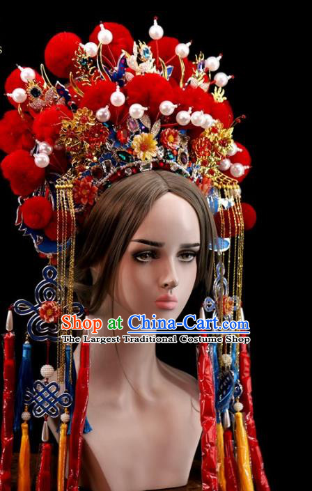 Traditional Chinese Opera Red Venonat Phoenix Coronet Headdress Peking Opera Diva Hair Accessories for Women