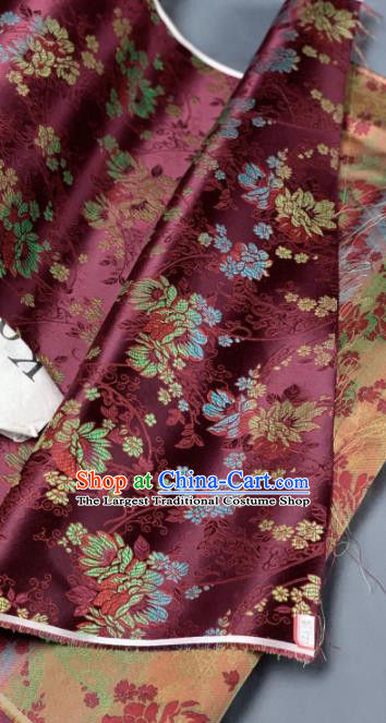 Chinese Classical Peony Pattern Design Wine Red Silk Fabric Asian Traditional Hanfu Material