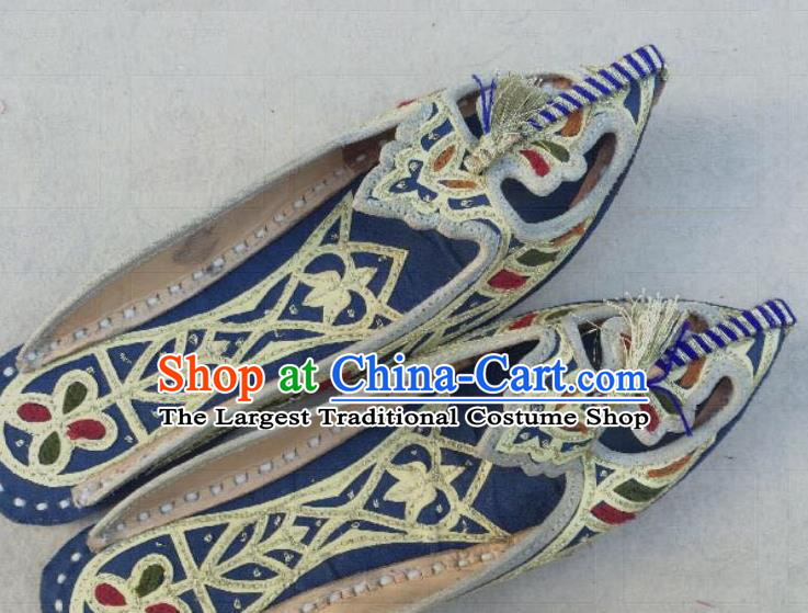 Asian India Traditional Embroidered Navy Slippers Indian Handmade Shoes for Women