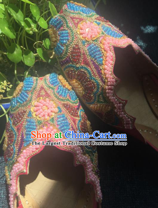 Asian India Traditional Beading Pink Slippers Indian Handmade Shoes for Women