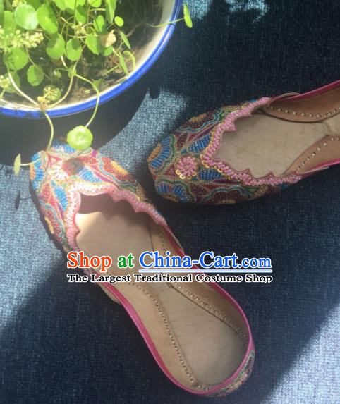 Asian India Traditional Beading Pink Slippers Indian Handmade Shoes for Women