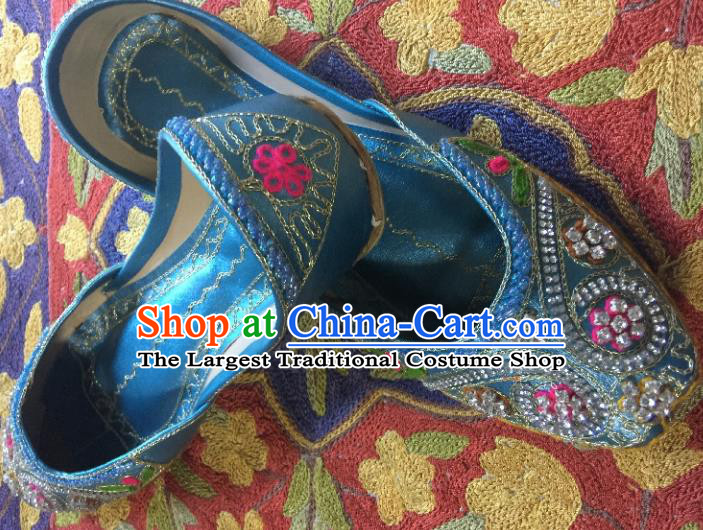 Asian India Traditional Embroidered Blue Crystal Shoes Indian Handmade Shoes for Women
