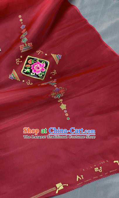 Chinese Classical Embroidered Peony Pattern Design Red Silk Fabric Asian Traditional Hanfu Material