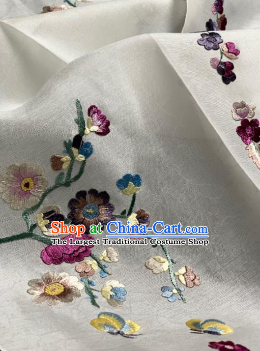 Chinese Classical Embroidered Plum Pattern Design White Silk Fabric Asian Traditional Hanfu Brocade Material