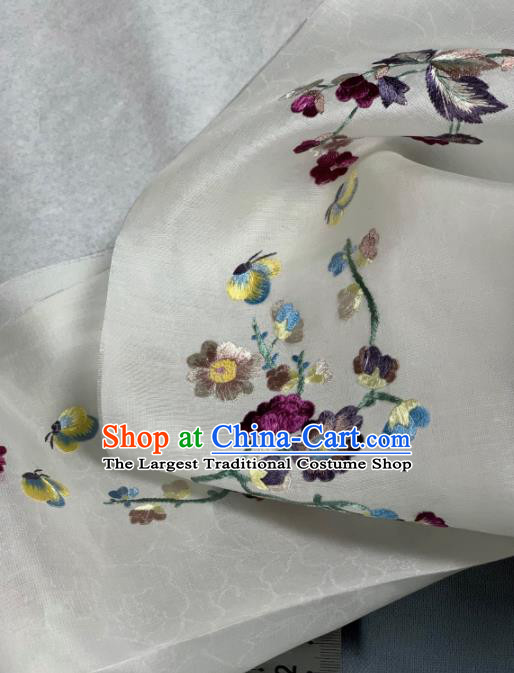 Chinese Classical Embroidered Plum Pattern Design White Silk Fabric Asian Traditional Hanfu Brocade Material