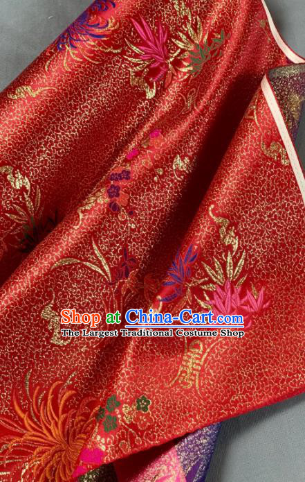 Chinese Classical Bamboo Chrysanthemum Pattern Design Red Silk Fabric Asian Traditional Hanfu Brocade Material