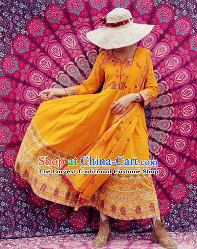 Asian India Traditional Folk Dance Yellow Dress Indian Embroidered Costumes for Women