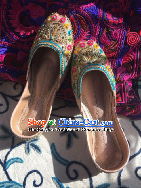 Asian India Traditional Embroidered Beads Pink Leather Shoes Indian Handmade Shoes for Women