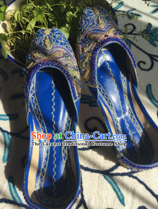 Asian India Traditional Bride Embroidered Royalblue Leather Shoes Indian Handmade Shoes for Women