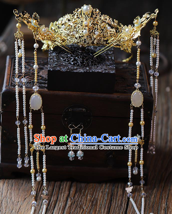 Traditional Chinese Wedding Golden Hair Crown Tassel Hairpins Headdress Ancient Bride Hair Accessories for Women