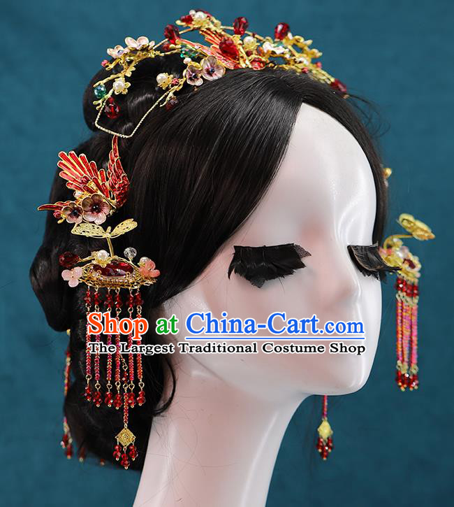 Traditional Chinese Wedding Cloisonne Red Phoenix Hair Crown Tassel Hairpins Headdress Ancient Bride Hair Accessories for Women