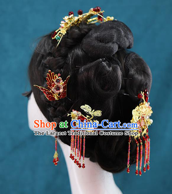 Traditional Chinese Wedding Cloisonne Red Phoenix Hair Crown Tassel Hairpins Headdress Ancient Bride Hair Accessories for Women