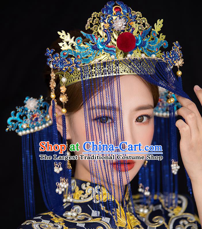 Traditional Chinese Wedding Cloisonne Phoenix Coronet Hairpins Headdress Ancient Princess Hair Accessories for Women