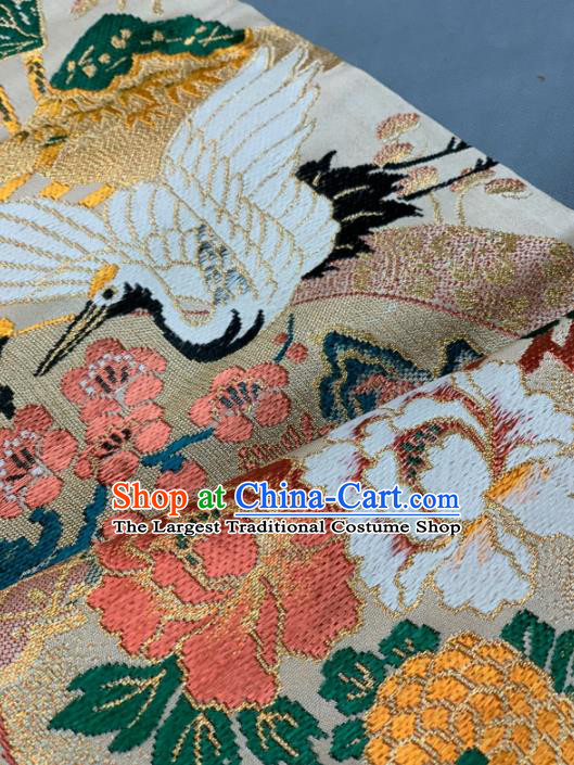 Asian Japanese Traditional Crane Plum Pattern Design Beige Brocade Fabric Silk Fabric Tapestry Satin