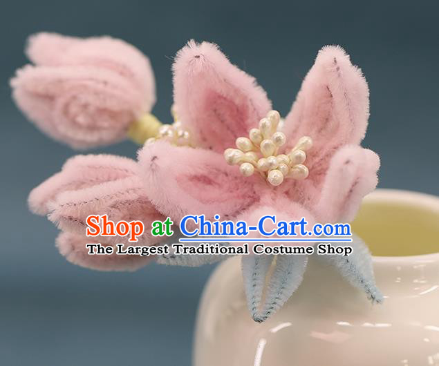 Traditional Chinese Handmade Pink Velvet Plum Hairpin Headdress Ancient Hanfu Hair Accessories for Women