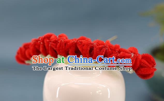 Traditional Chinese Handmade Red Velvet Flowers Hairpin Headdress Ancient Hanfu Hair Accessories for Women